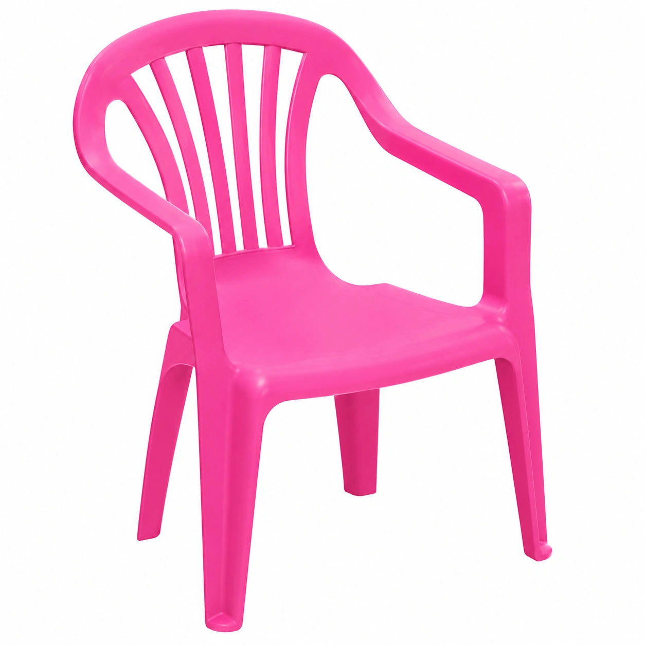 Rosa Kinderstuhl mit Armlehnen, stapelbar und wetterfest, 27 cm Sitzhöhe