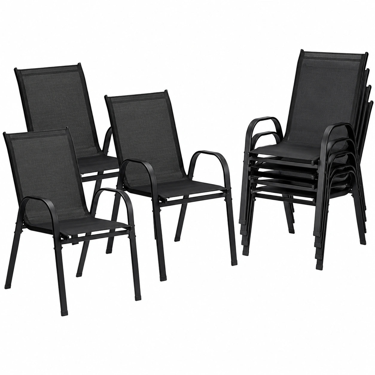 Hochwertige Stapelbare Gartenstühle Set, Schwarz – Textilene & Stahl, Belastbar bis 120 kg