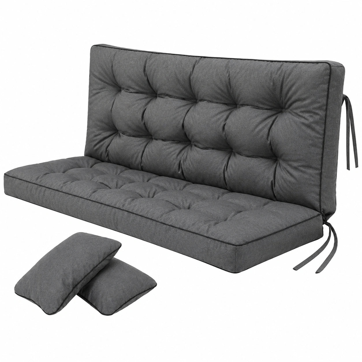 Gartenbankauflage, Polster für Hollywoodschaukel mit 2 Seitenkissen, gesteppt, anthrazit, 180 x 49 x 56 cm
