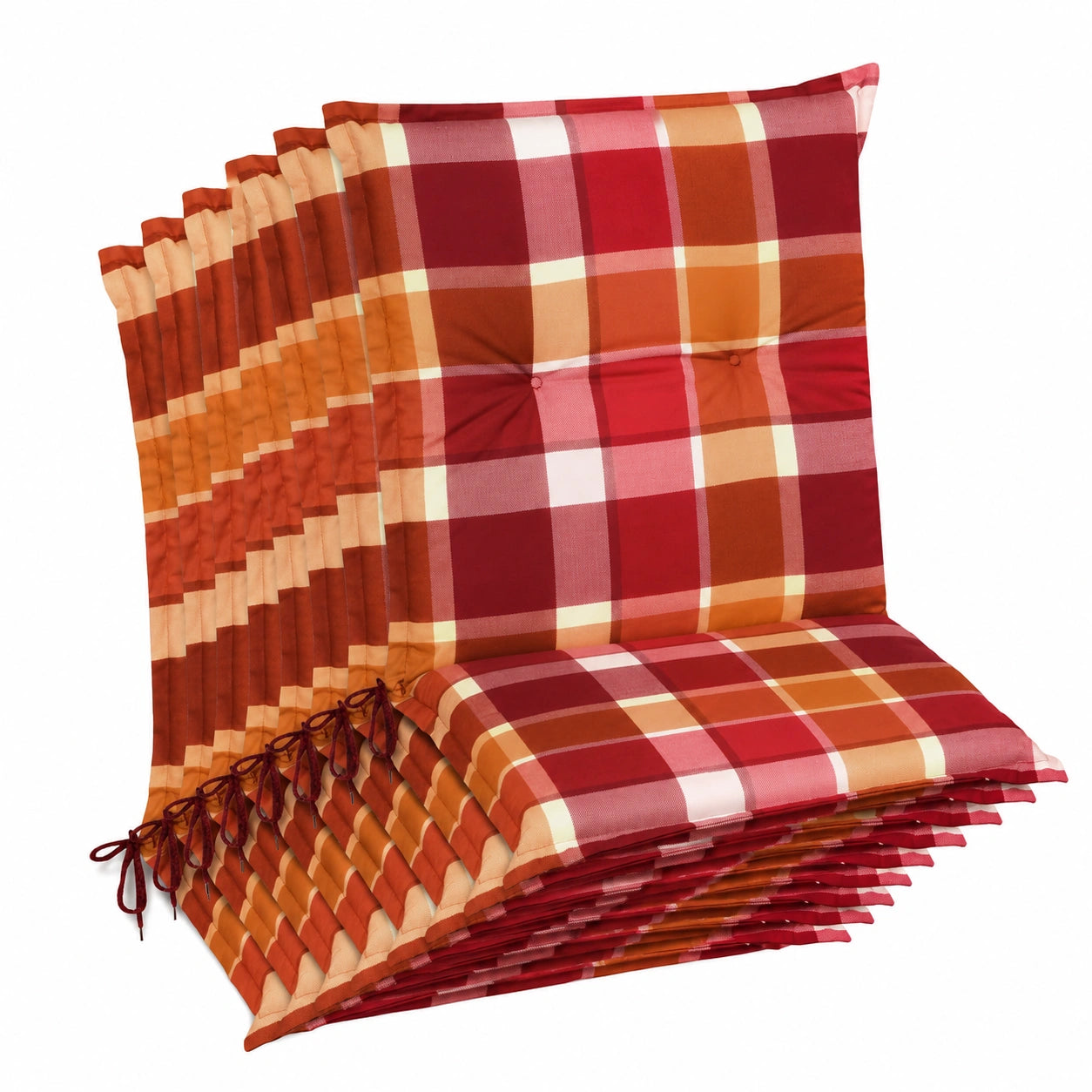 Beautissu 8er Set Sunny RO Niedriglehner Auflagen für Gartenstühle 100x50 cm - Komfortable UV-beständige Stuhlkissen in Rot Kariert